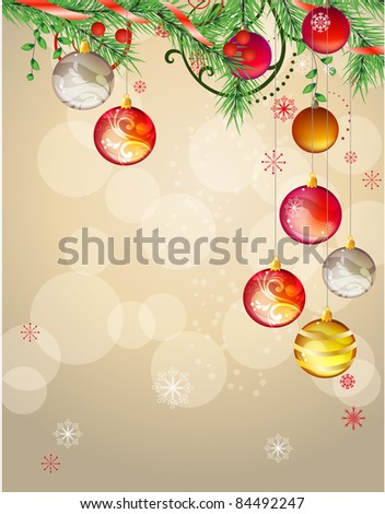Christmas pastel background with hanging balls. Raster version.