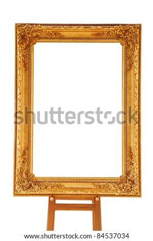 Vintage gold picture frame with wooden easel isolated on white background