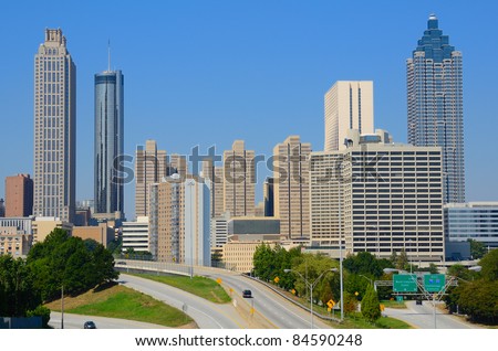 Skyline of downtown Atlanta, Georgia from above Freedom Parkway.