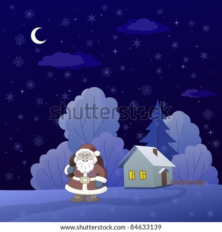 Christmas vector cartoon: Santa Claus on a snowy winter forest glade with house