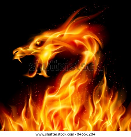Raster version. Abstract fiery dragon. Illustration number two on black background for design