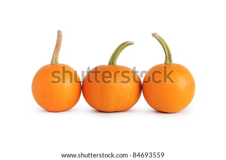Three ordinary pumpkins standing in a row on white background. Isolated with clipping path