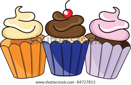 Clip art illustration of three cupcakes with frosting swirls dessert icon.