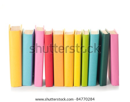 close up of stack of colorful books on white background Royalty-Free Stock Photo #84770284