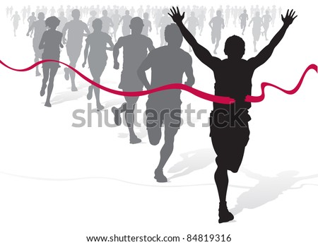 Winning Athlete ahead of a group of marathon runners.
