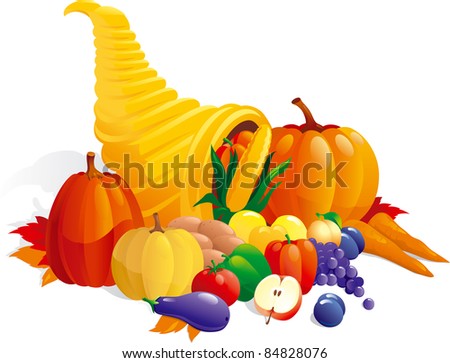Horn of Plenty. Vector illustration of Cornucopia with fruit, berries  and vegetable