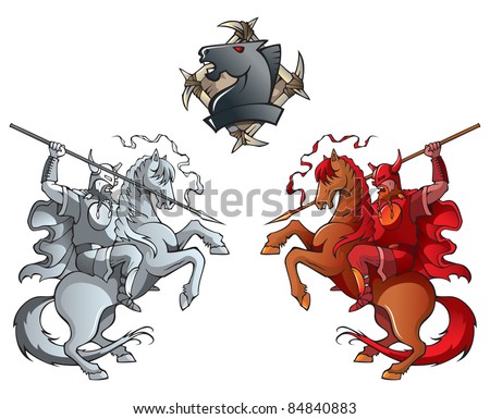 Chess pieces series, black and white knights, Dark Ages and fantasy, including chess horse emblem, raster from vector illustration