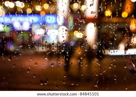 Wet the window with the background of the autumn night city