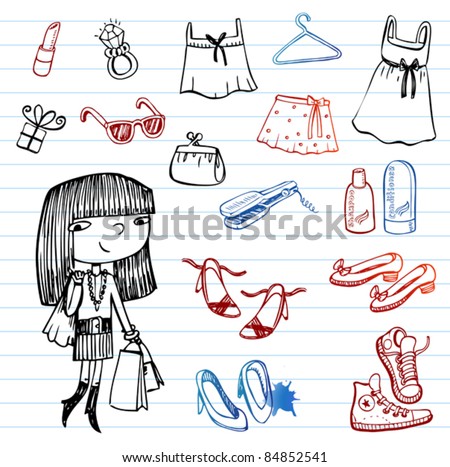 Girl of fashion doodle set.  Set of hand-drawn images of youth culture.