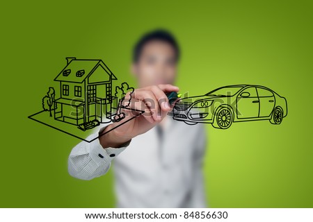 Hand drawing house and car in a whiteboard. Royalty-Free Stock Photo #84856630