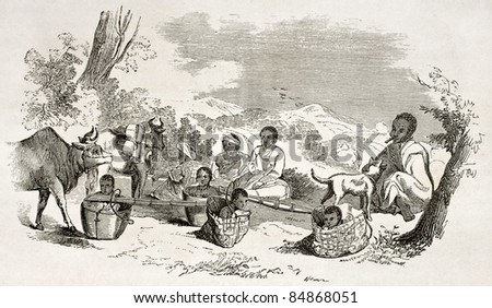 Burmese people travelling, old illustration.  Created by Yule, published on Le Tour du Monde, Paris, 1860