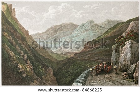 On the road to Palermo from Alcamo, old illustration. Created by De Wint and Middiman, printed by McQueen, publ. in London, 1822. Ed. on Sicilian Scenery, Rodwell and Martins, London, 1823.