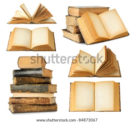 Isolated books. Collection of different old books, closed and open with empty pages, single and in stacks isolated on white background Royalty-Free Stock Photo #84873067
