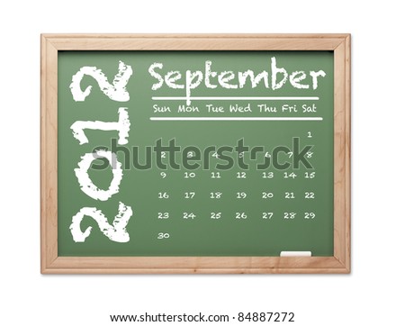 Month of September 2012 Calendar on Green Chalkboard Over White Background.