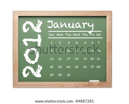 Month of January 2012 Calendar on Green Chalkboard Over White Background.