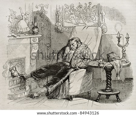 Man sleeping on an armchair, old illustration. Created by Grandville, published on Magasin Pittoresque, Paris, 1840