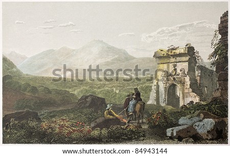 The road to Monreale, near Palermo, Sicily. Created by De Wint and Cook, printed by McQueen, publ. in London, 1821. Ed. on Sicilian Scenery, Rodwell and Martins, London, 1823