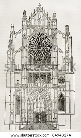 Beauvais cathedral, side portal, old illustration. By unidentified author, published on Magasin Pittoresque, Paris, 1840