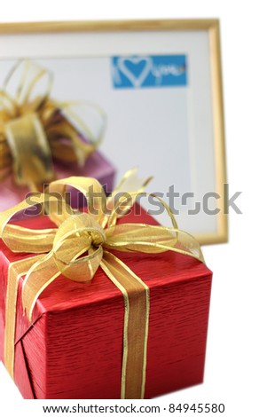 Red gift boxes and photo frame
