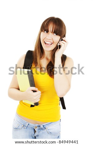 Female university student talking in mobile phone. Isolated over white background