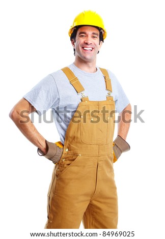 Young handsome contractor  in yellow uniform. Isolated over white background
