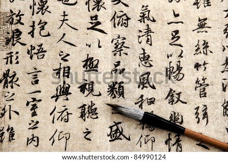 Chinese antique calligraphic text on beige paper with brush
