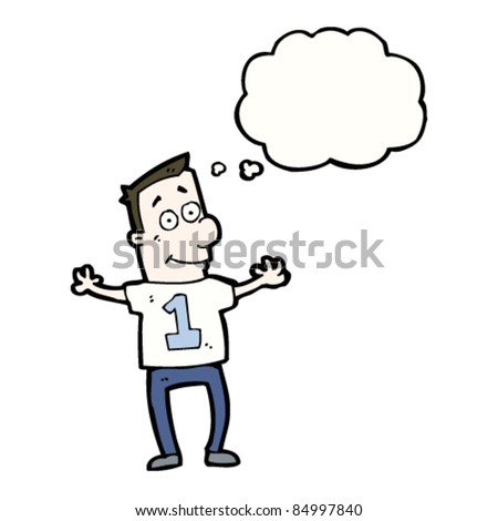 cartoon man in number one shirt with thought cloud