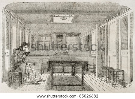 Man reading in the cabin of a merchant brig. By unidentified author, published on Magasin Pittoresque, Paris, 1840