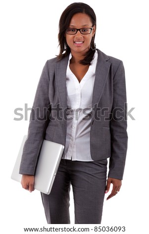 African american business woman holding a laptop, isolated over white background