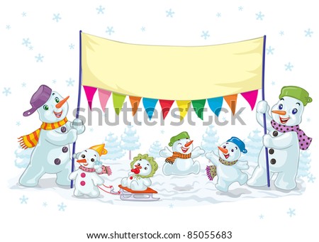 Vector illustration, cute snowman and kids, banner concept.