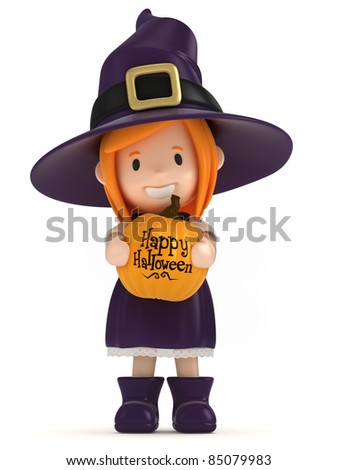 3D render of a witch kid holding a pumpkin