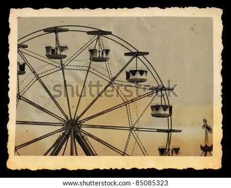 Vintage photograph of ferris wheel and carousel horse in amusement park.