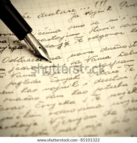 Old pen and letter .Close up photo.