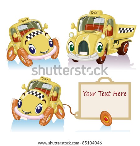 Vector illustration, personified banner taxi, cartoon concept, white background.