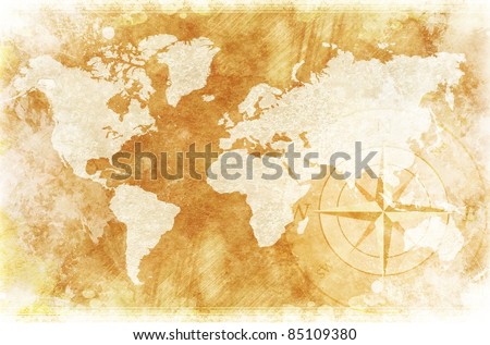 Old-Fashioned World Map Design: Rustic World Map with Compass Rose Illustration / Background.