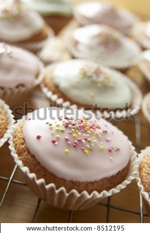 Variety of cupcakes on a tray. Narrow depth of focus