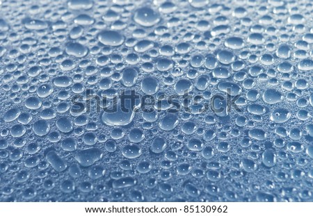 background of blue water drops on glass surface
