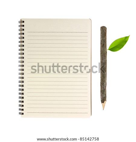 notebook and wooden pencil isolated on white background, conservation concept