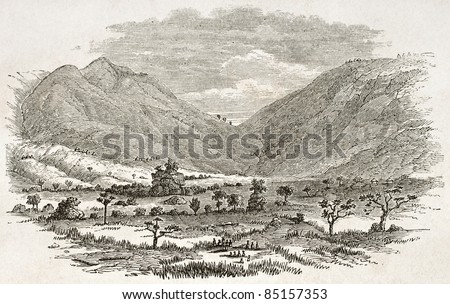 Ouzagara pass old view, Tanzania. Created by Burton, published on Le Tour du Monde, Paris, 1860.