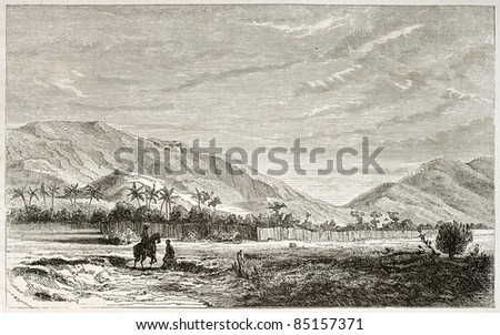 Ousagara region old view, eastern Africa. Created by Lavieille after Burton, published on Le Tour du Monde, Paris, 1860