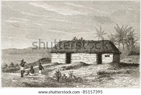 African home old illustration, near Lake Tanganyika. Created by Lavieille after Burton, published on Le Tour du Monde, Paris, 1860.