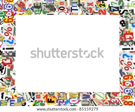 Picture frame, made of newspaper letters, numbers and punctuation marks, isolated on white
