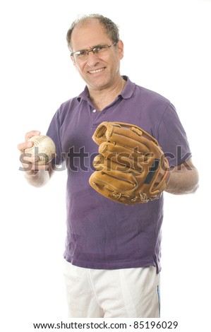handsome middle age senior man softball throwing into baseball glove on white background