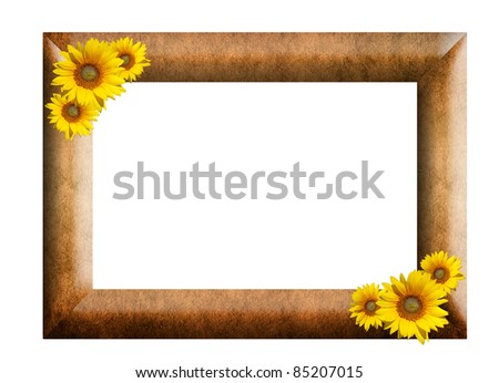 Vintage picture frame, wood plated and sunflower on white background