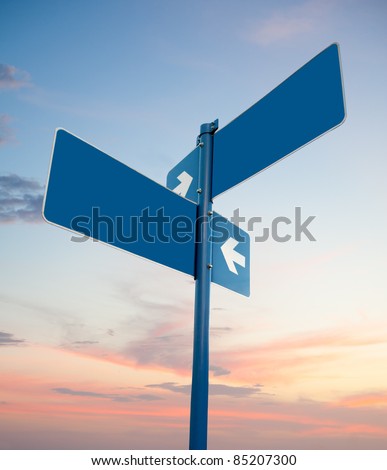 Blank blue road signs in dusk sky, clipping path.