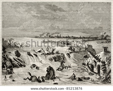 Coevorden flood old illustration, The Netherlands. Created by Romeyn de Hooghe, published on Magasin Pittoresque, Paris, 1842