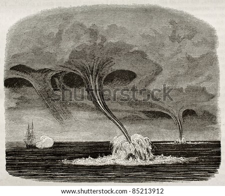Waterspouts old illustration. By unidentified author, published on Magasin Pittoresque, Paris, 1842