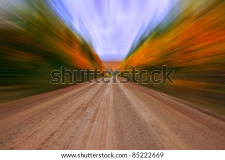 Autumn colors along rural dirt road - zooming effect (dirt road sharp).