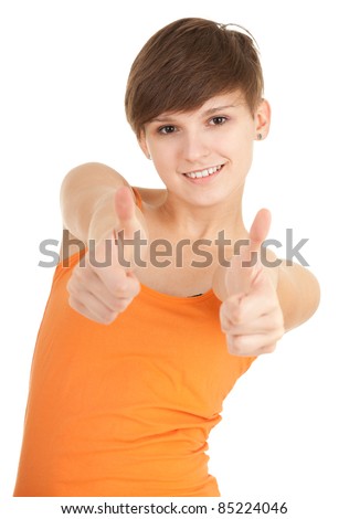 portrait of young woman with thumbs up white backgrount
