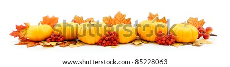 Autumn horizontal edge border of pumpkins and leaves